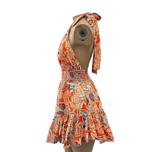 Misa Tula Mini Dress‎ Tangerine Flora Halter Neck Cotton Backless Ruffle L NWT - Picture 9 of 15